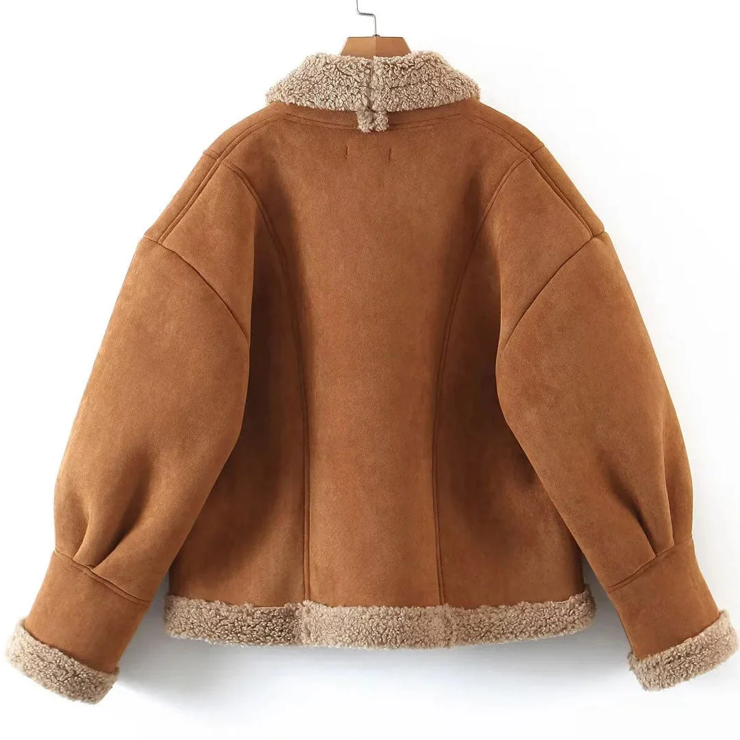Vintage Collared Patch Pocket Long Sleeve Faux Shearling Jacket - Brown - Image 5