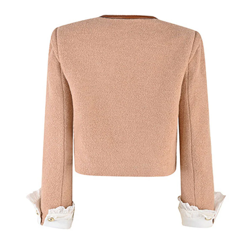 Vintage Crew Neck Button Front Lace Detail Cropped Wool Blend Tweed Jacket - Image 2