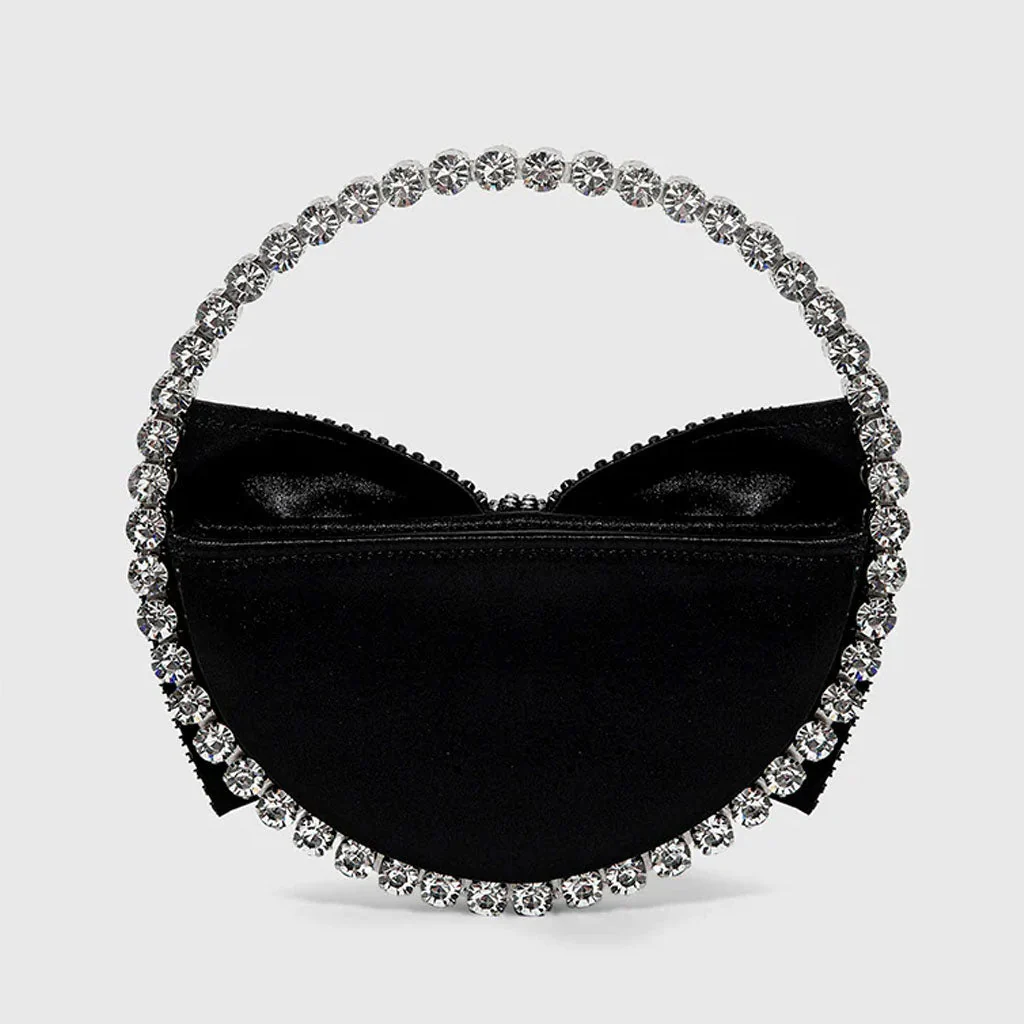 Vintage Crystal Embellished Bow Semicircular Velvet Clutch Bag - Black - Image 2
