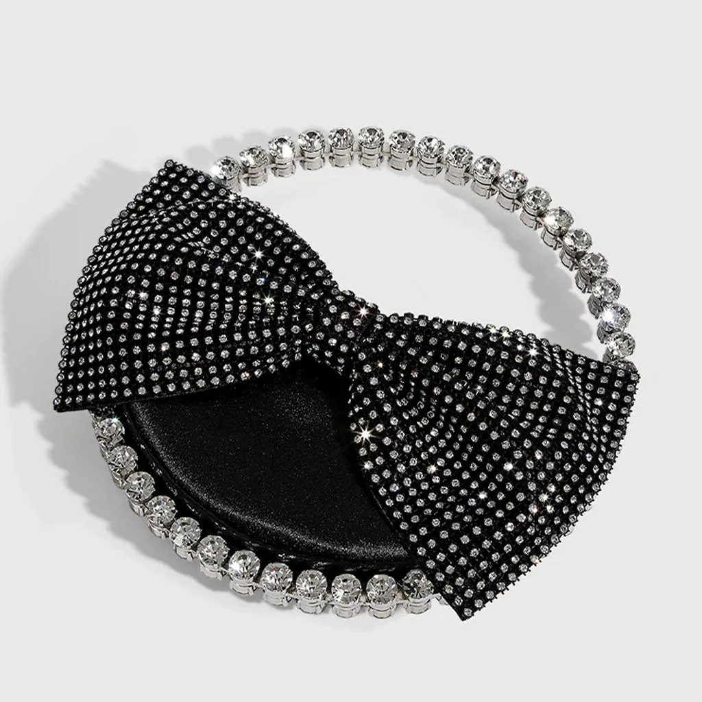 Vintage Crystal Embellished Bow Semicircular Velvet Clutch Bag - Black - Image 3