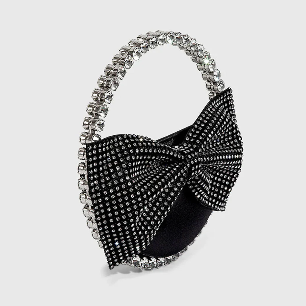 Vintage Crystal Embellished Bow Semicircular Velvet Clutch Bag - Black - Image 4