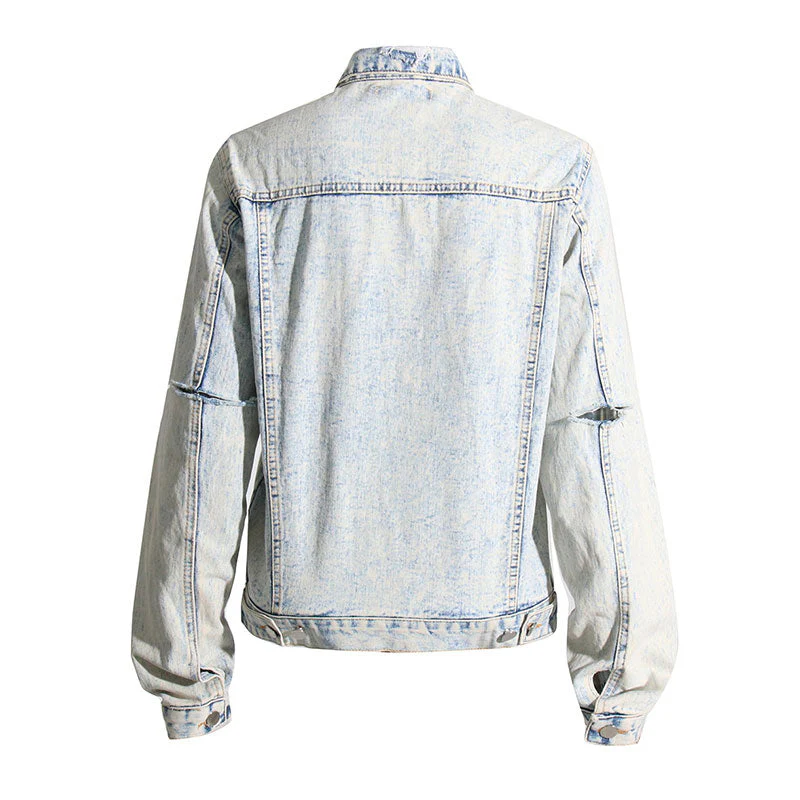Vintage Distressed Ripped Detail Button Down Acid Wash Denim Jacket - Image 2