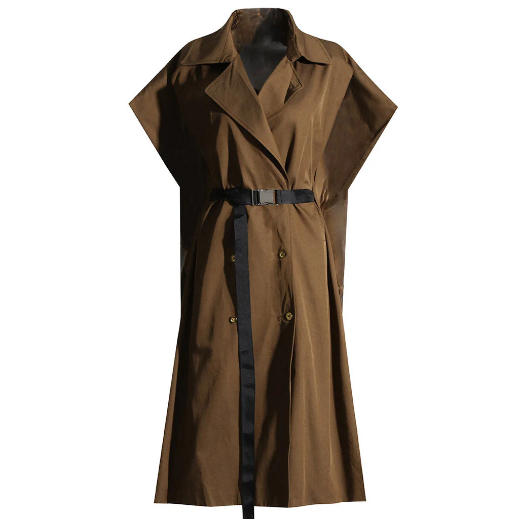 Vintage Extended Shoulder Double Breasted Belted Cape Trench Coat - Brown - Image 2