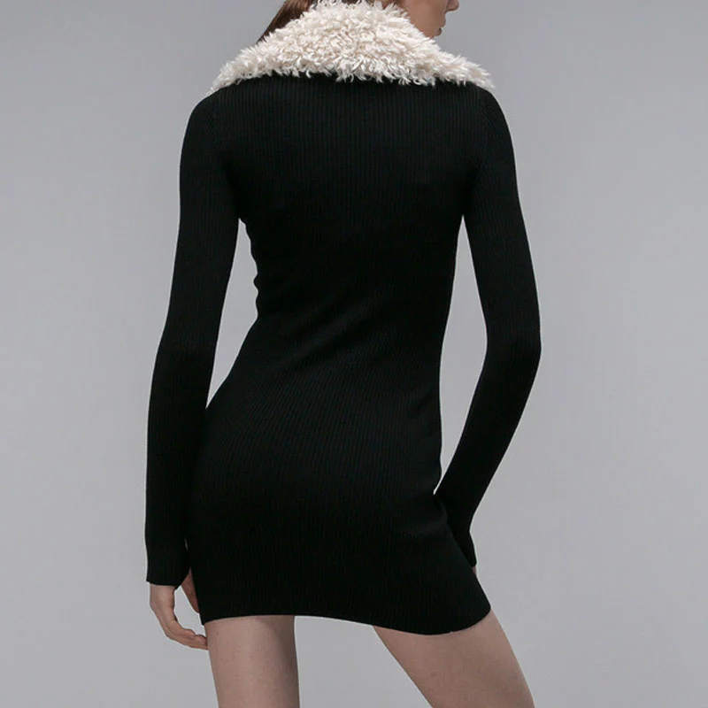 Vintage Faux Fur Collar Half Zip Winter Long Sleeve Mini Bandage Bodycon Dress - Image 2