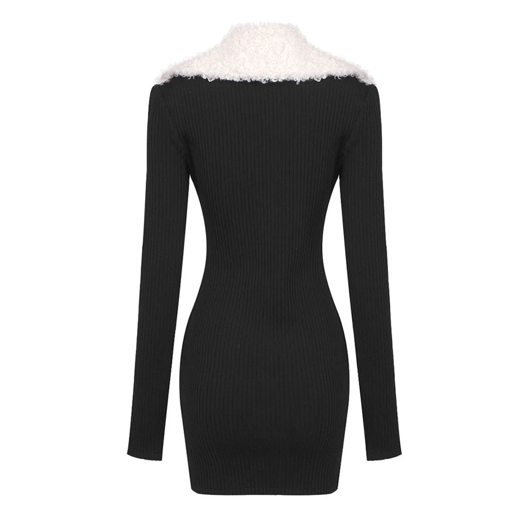 Vintage Faux Fur Collar Half Zip Winter Long Sleeve Mini Bandage Bodycon Dress - Image 4