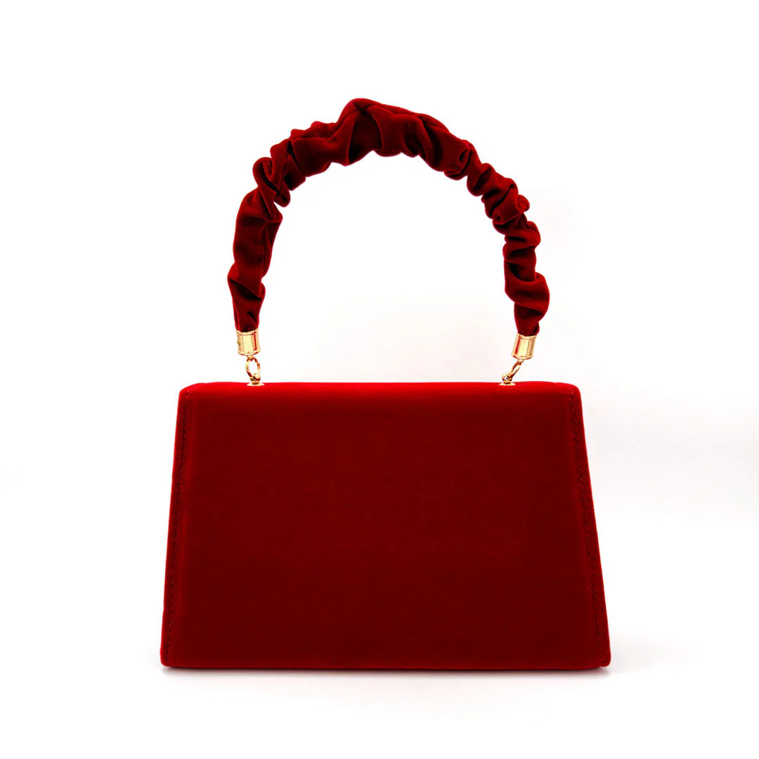 Vintage Faux Suede Foldover Flower Trim Ruched Handle Clutch Bag - Red - Image 3