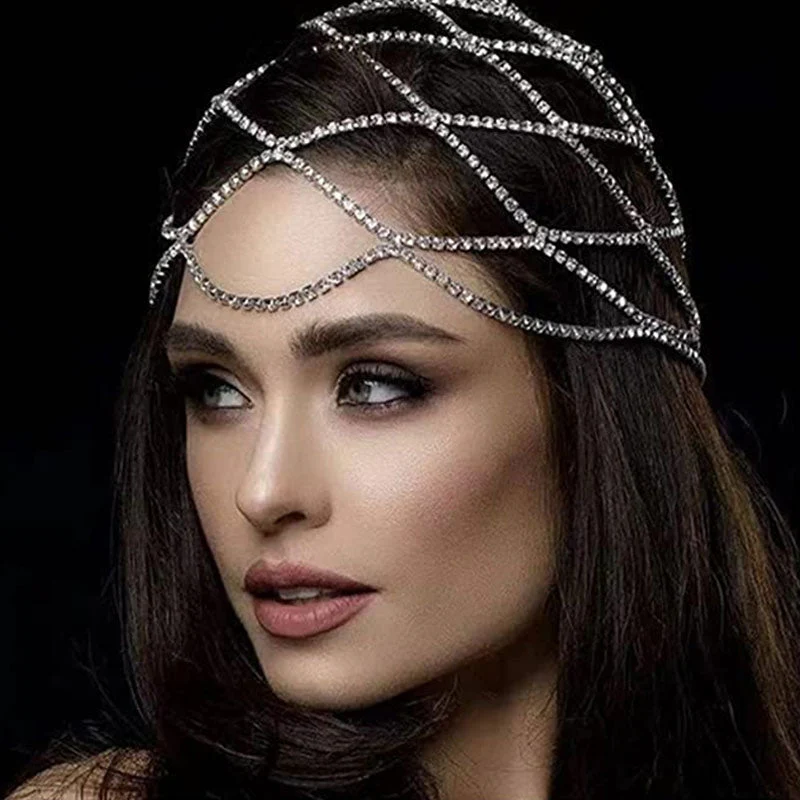 Vintage Flapper Rhinestone Embellished Caged Chain Headpiece - Silver - Image 5