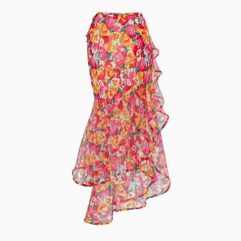 Vintage Floral High Waist Ruffle Chiffon Bow Tie Maxi Wrap Sarong Cover Up - Image 2