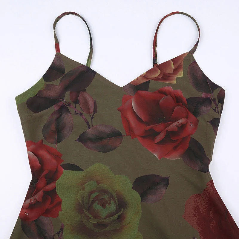 Vintage Floral Print Chiffon V Neck Slip A-line Maxi Dress - Green - Image 3