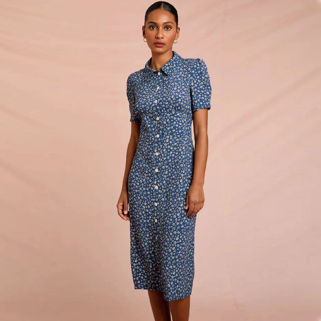 Vintage Floral Print Collared Button Up Short Sleeve Midi Dress - Blue - Image 2