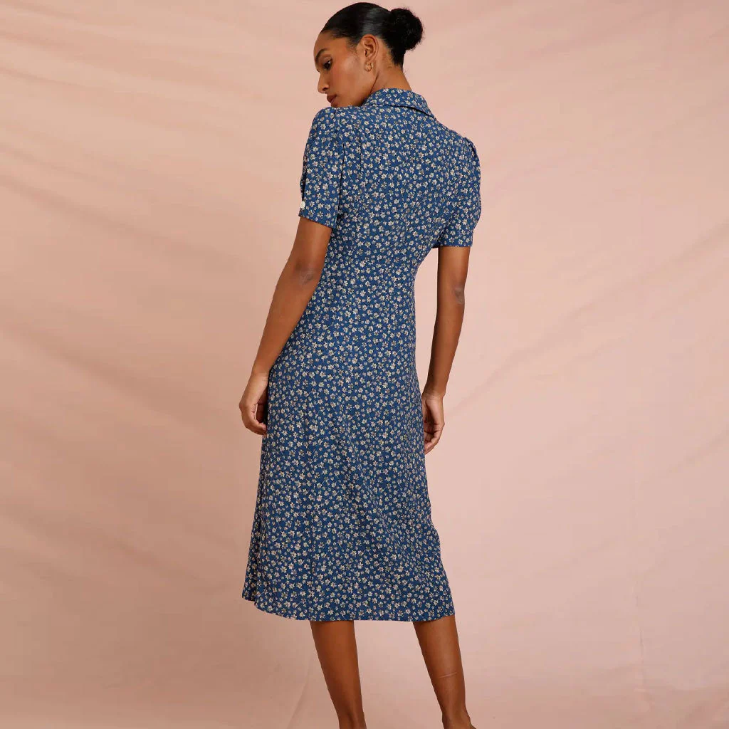 Vintage Floral Print Collared Button Up Short Sleeve Midi Dress - Blue - Image 3