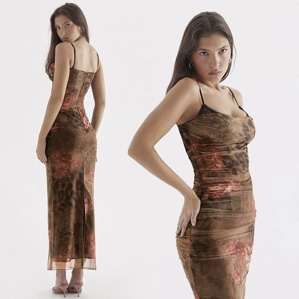 AKIRA BODYCON BROWN PRINTED MAXI Dress with STRAPS - Image 2