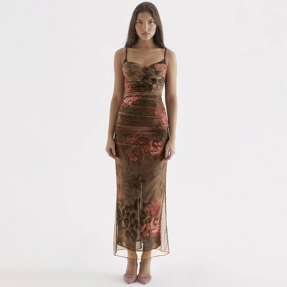 AKIRA BODYCON BROWN PRINTED MAXI Dress with STRAPS - Image 4