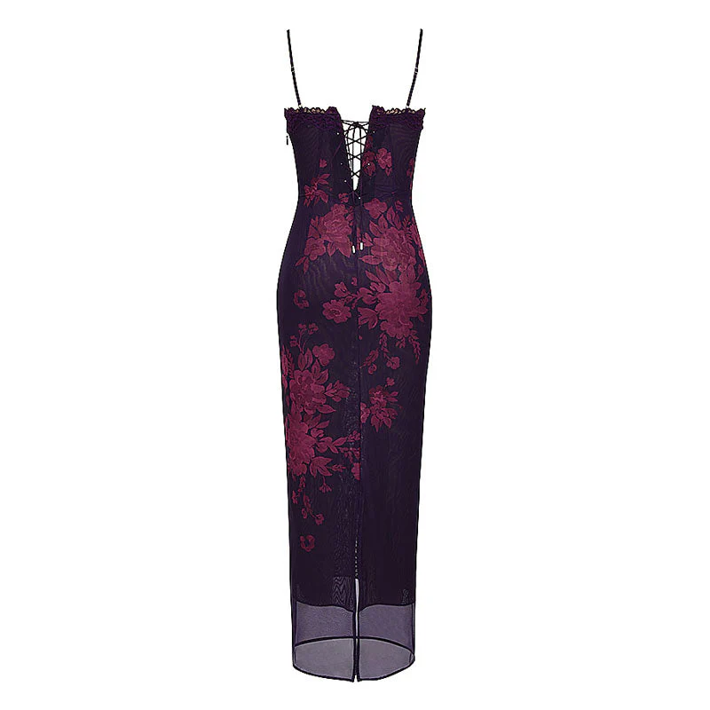 Vintage Floral Print Sweetheart Cami Back Slit Lace Up Mesh Midi Dress - Black - Image 6