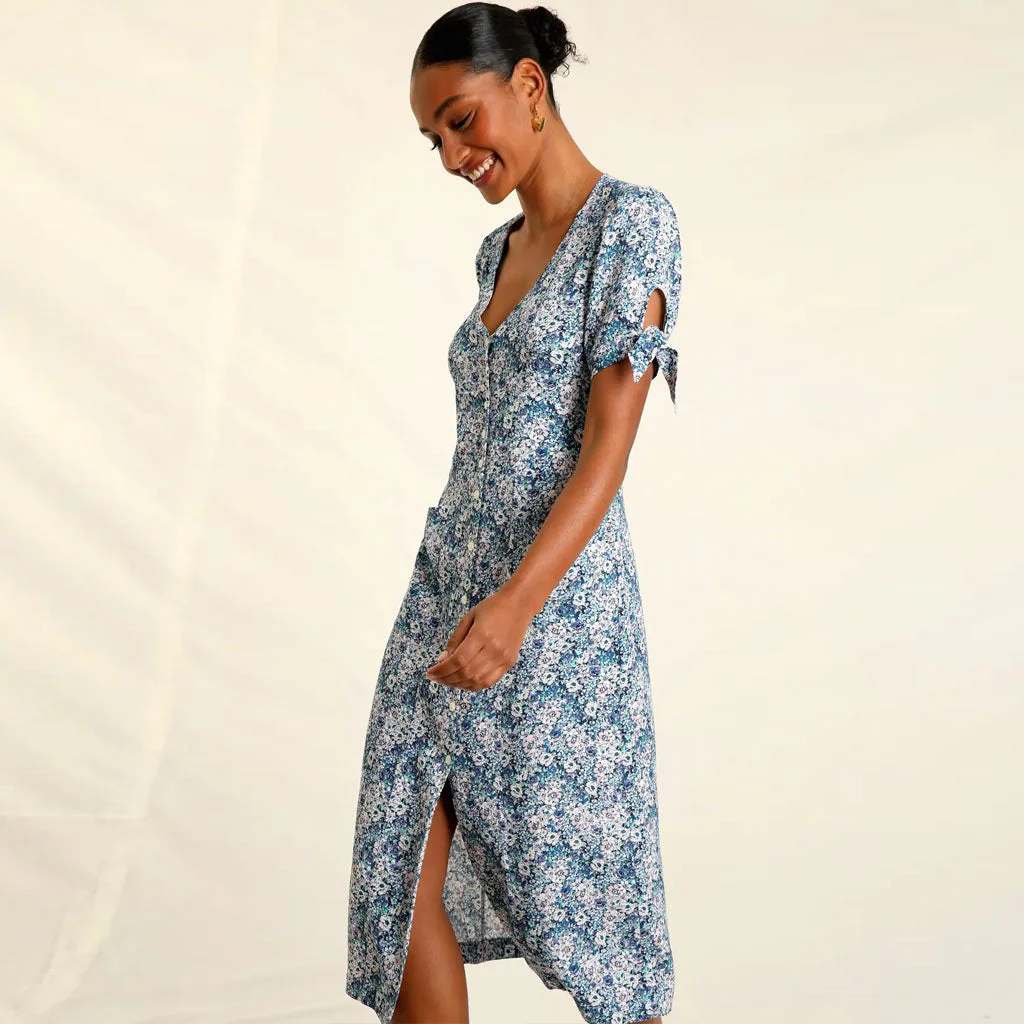 Vintage Floral Print V Neck Button Up Bow Tie Puff Sleeve Midi Dress - Blue - Image 2