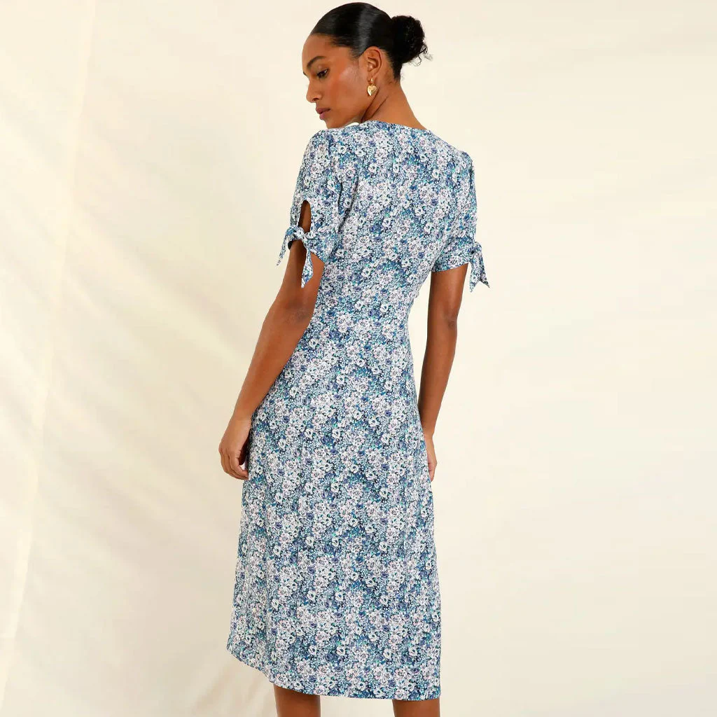 Vintage Floral Print V Neck Button Up Bow Tie Puff Sleeve Midi Dress - Blue - Image 3
