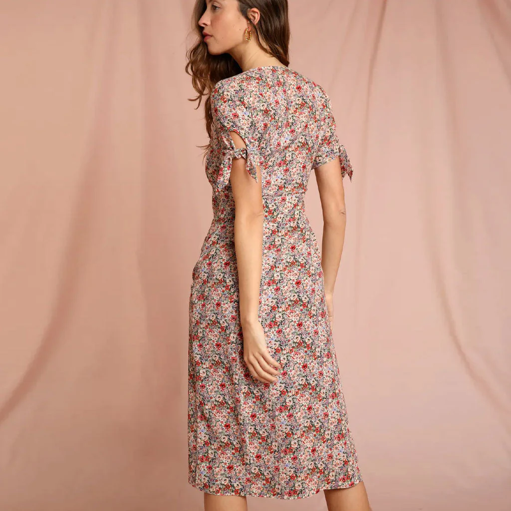 Vintage Floral Print V Neck Button Up Bow Tie Puff Sleeve Midi Dress - Red - Image 3