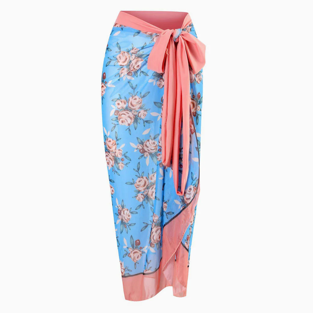 Vintage Floral Printed High Waist Bow Tie Chiffon Maxi Wrap Sarong Cover Up - Image 2