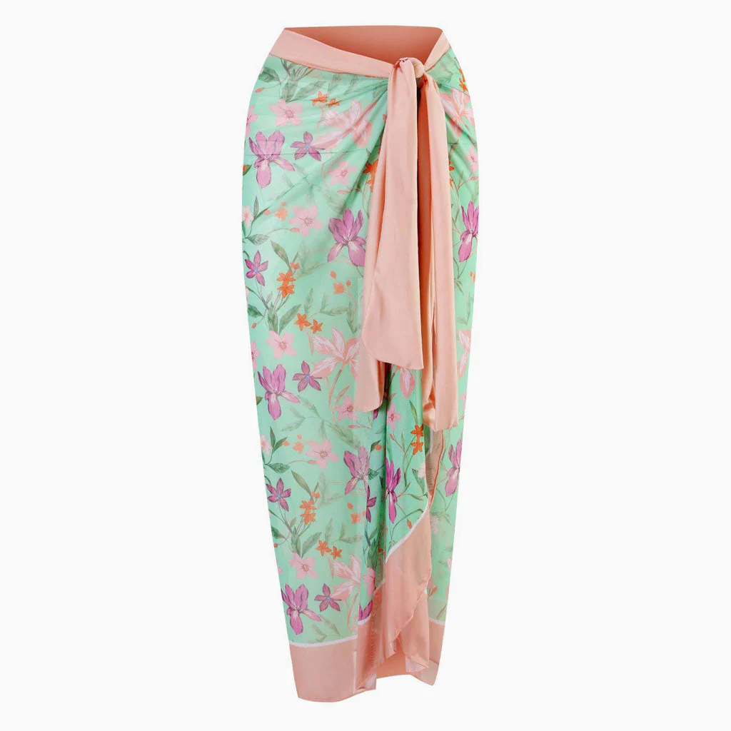 Vintage Floral Printed High Waist Bow Tie Chiffon Maxi Wrap Sarong Cover Up - Image 3