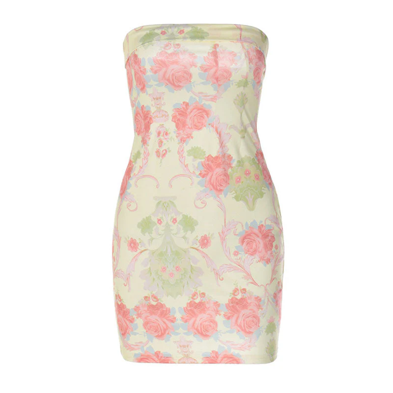 Vintage Flower Print Foldover Detail Bodycon Strapless Mini Dress - Beige - Image 3
