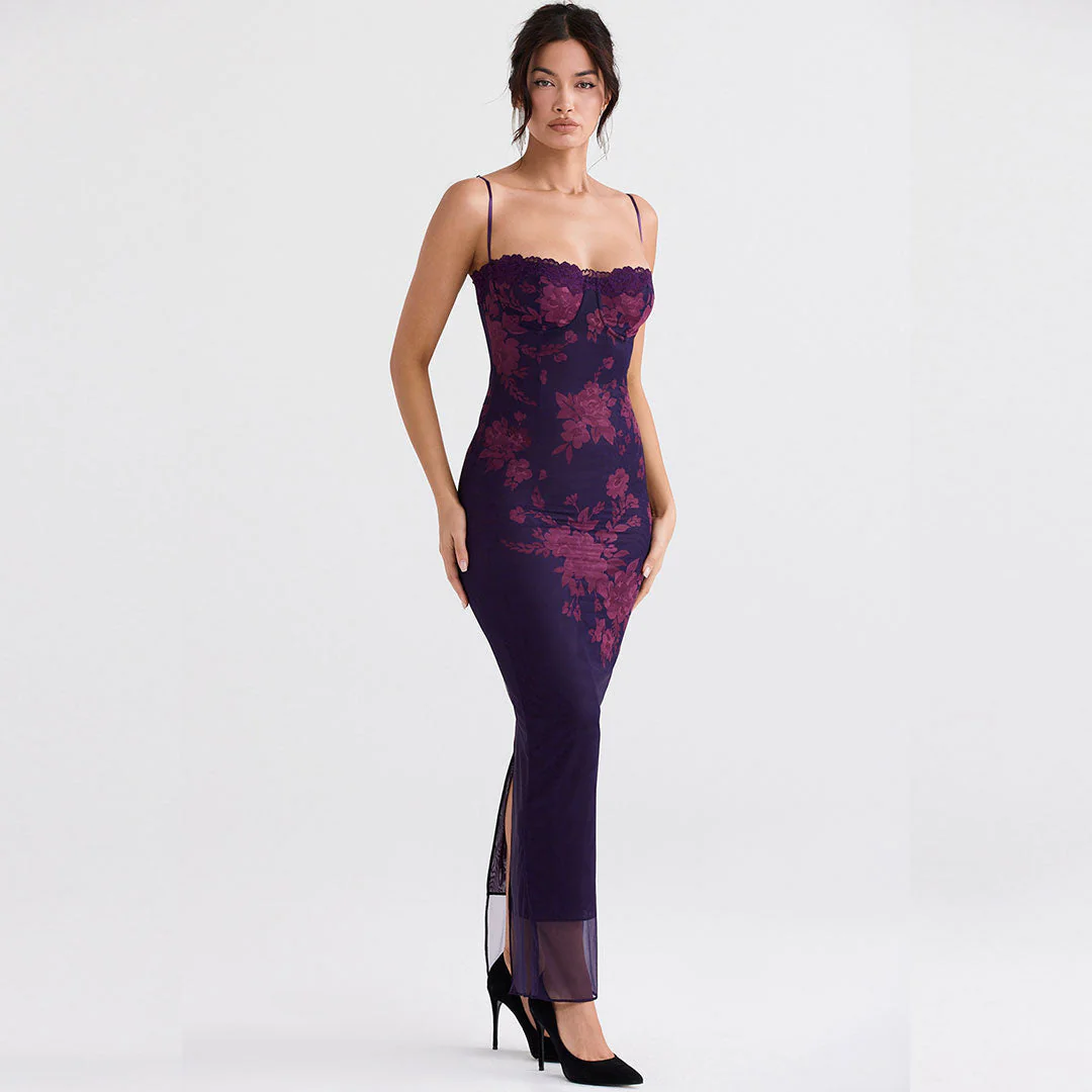 Vintage Flower Print Mesh Panel Lace Up Back Slip Maxi Dress - Black - Image 2