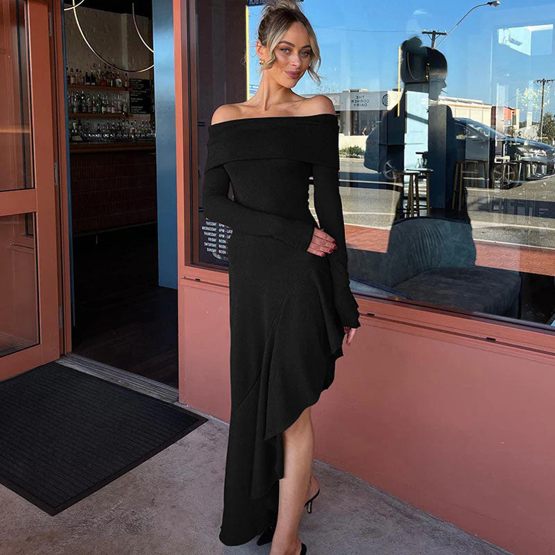 Vintage Foldover Off The Shoulder Long Sleeve Jersey Asymmetrical Ruffle Dress - Image 2
