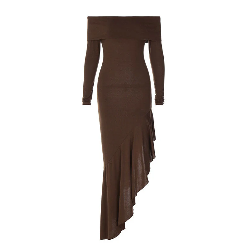Vintage Foldover Off The Shoulder Long Sleeve Jersey Asymmetrical Ruffle Dress - Image 6