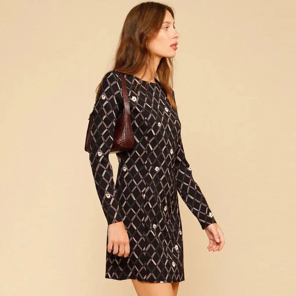Vintage Geometric Printed Long Sleeve Scoop Neck Mini Dress - Black - Image 3