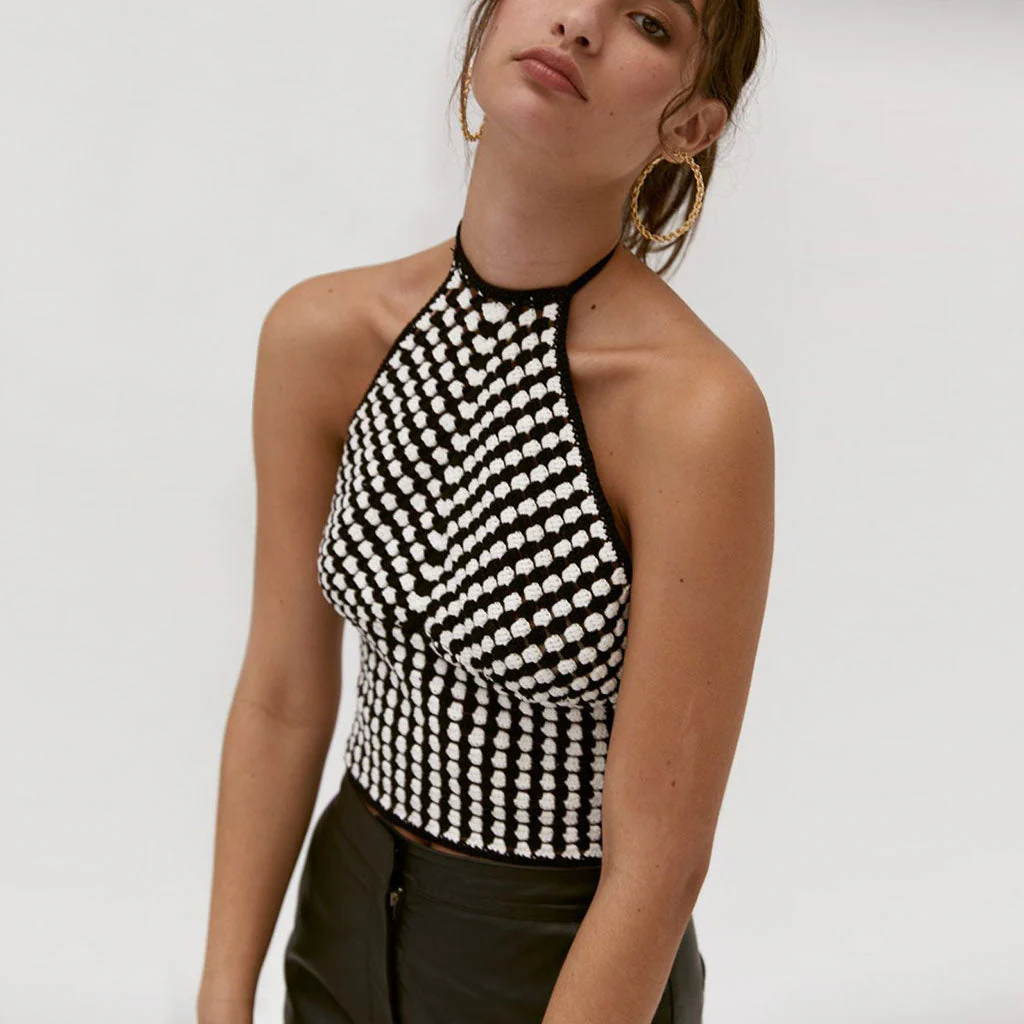 Vintage Gingham Lace Up Halter Neck Cropped Tank Top - Black - Image 2