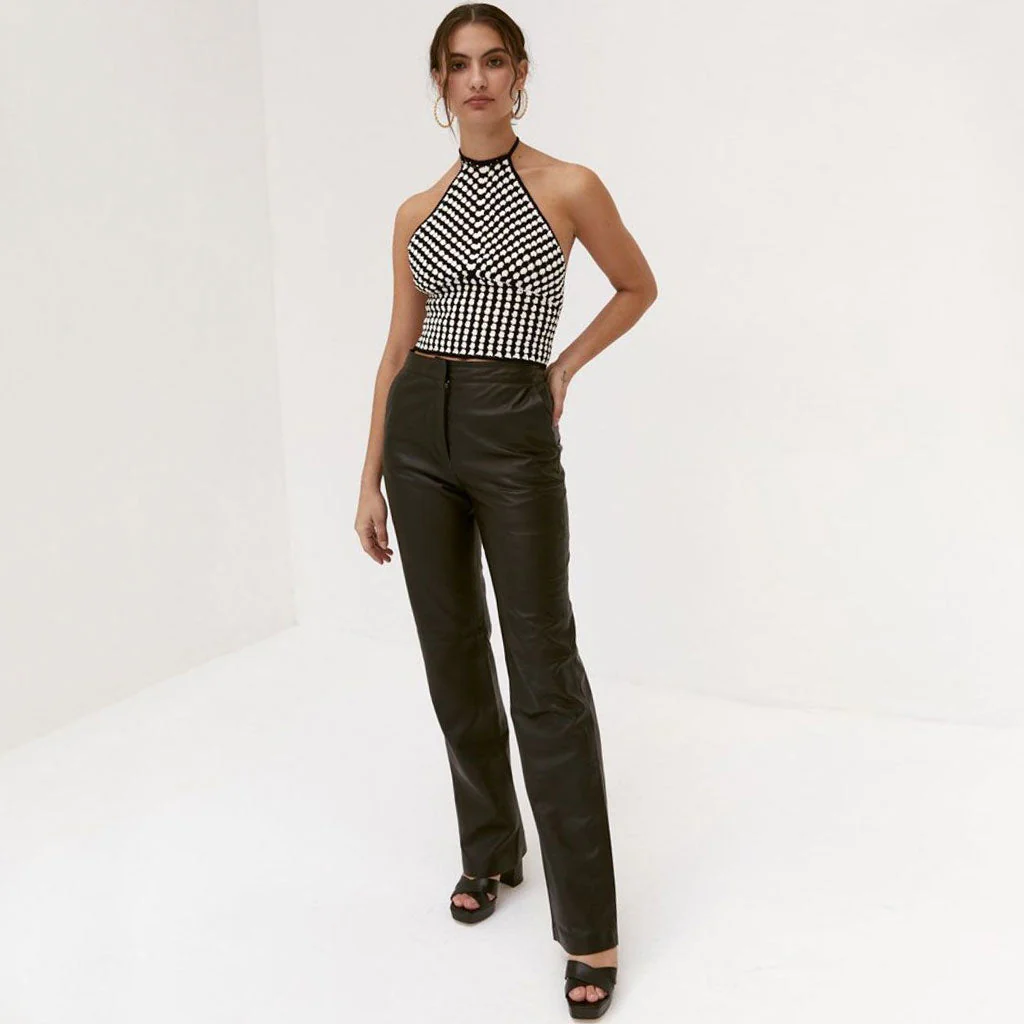 Vintage Gingham Lace Up Halter Neck Cropped Tank Top - Black - Image 3