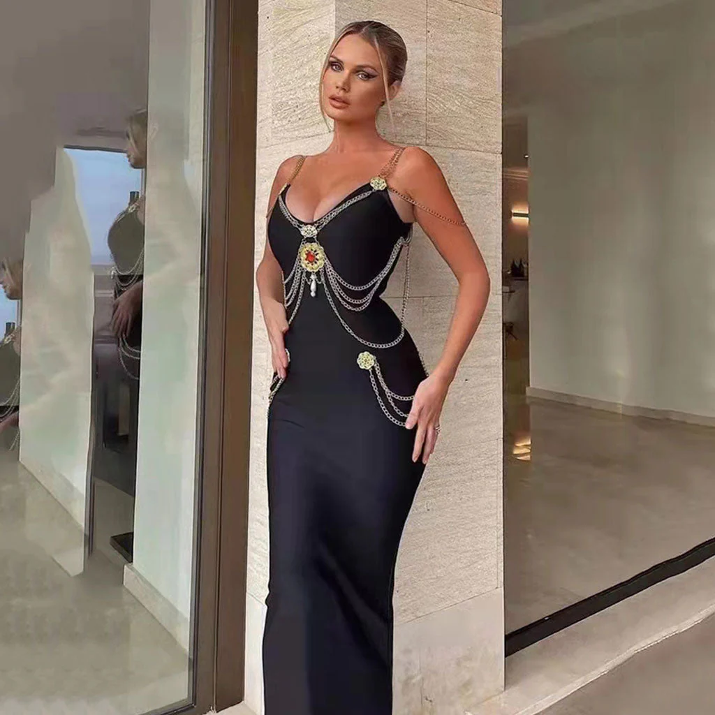 Vintage Gold Chain Strappy Deep V Evening Maxi Dress - Black - Image 2