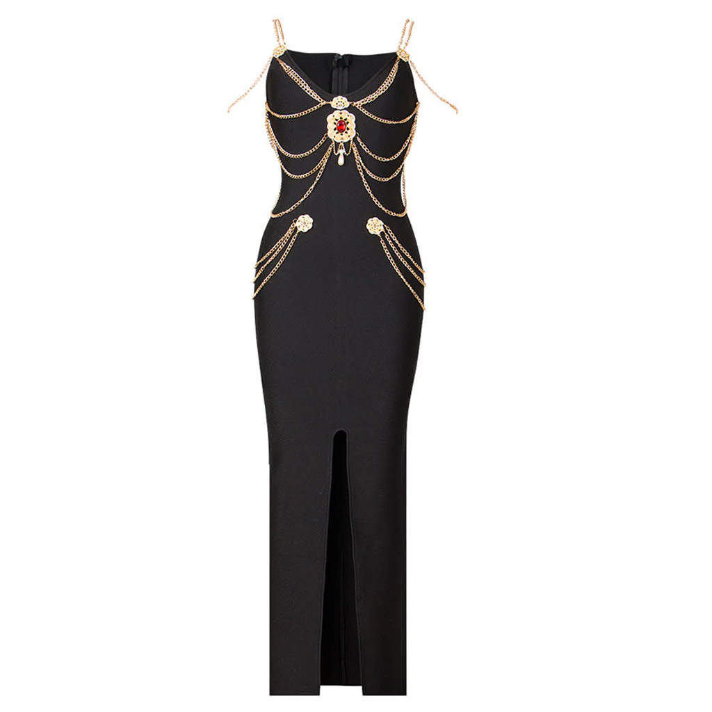 Vintage Gold Chain Strappy Deep V Evening Maxi Dress - Black - Image 5