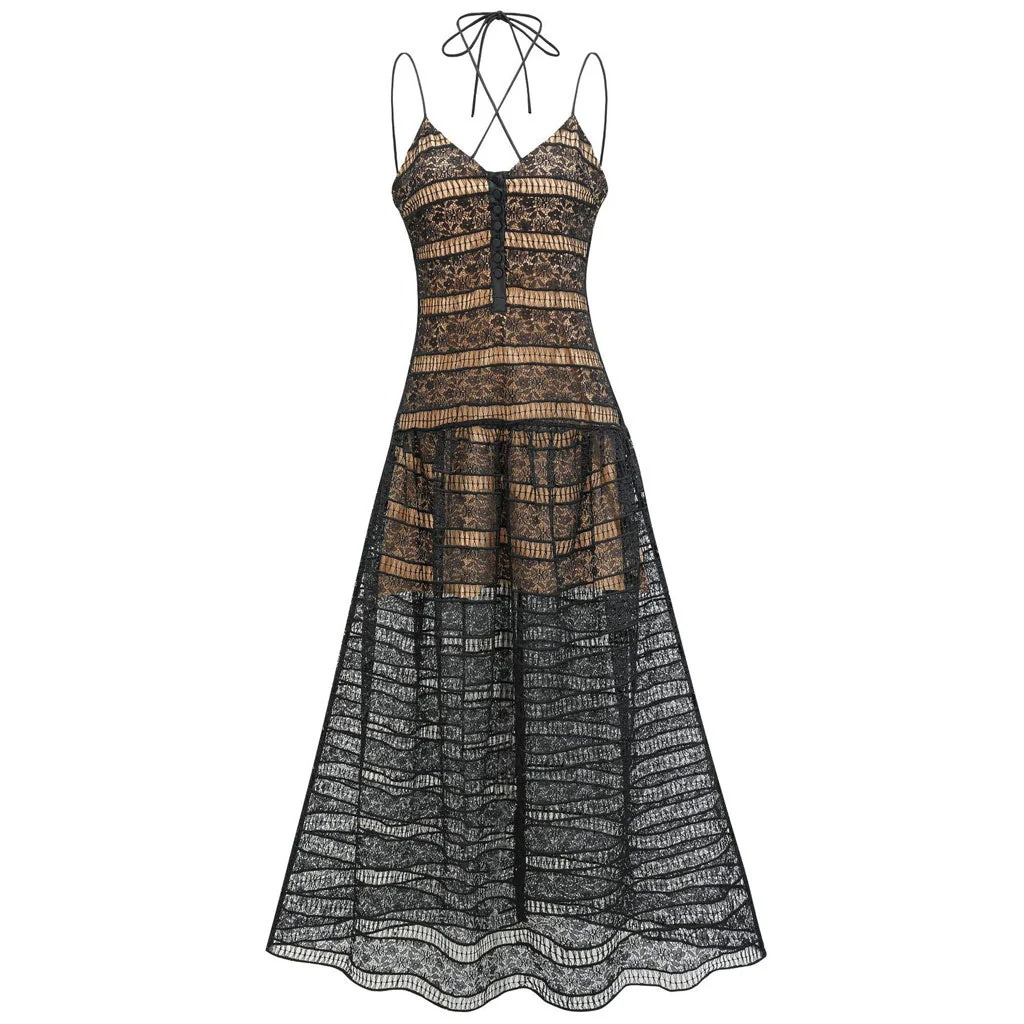 Vintage Halter Tie Half Button Drop Waist A Line Sleeveless Lace Maxi Dress - Image 5