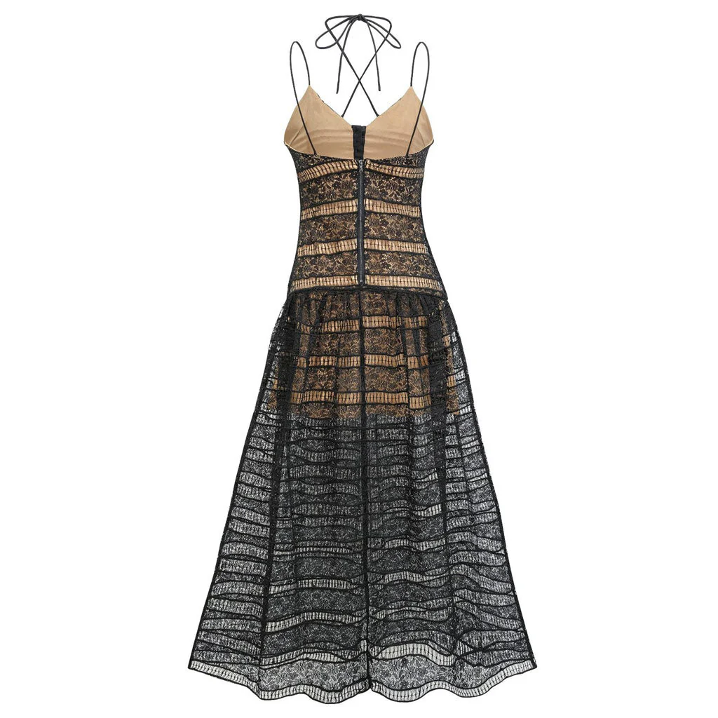 Vintage Halter Tie Half Button Drop Waist A Line Sleeveless Lace Maxi Dress - Image 6