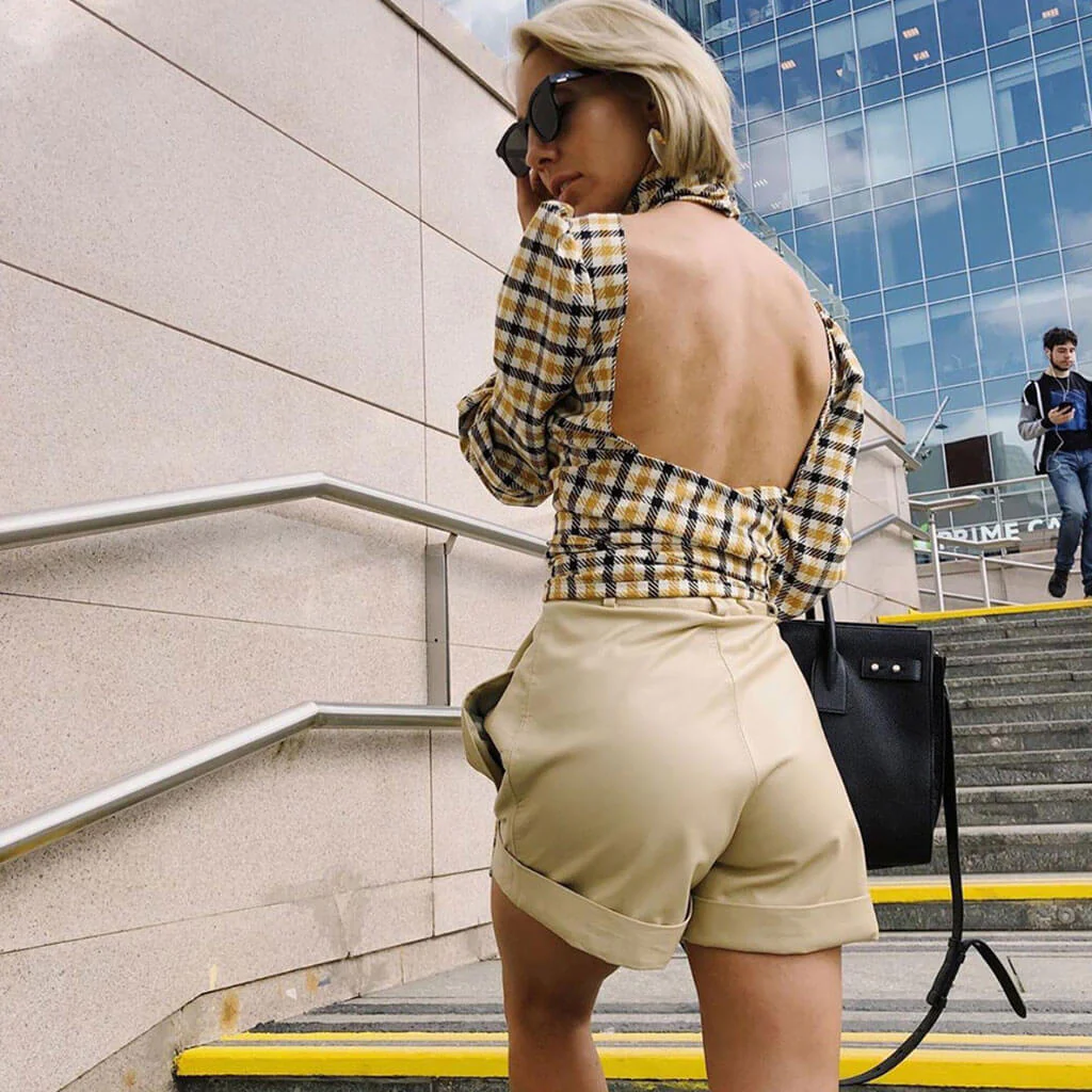 Vintage High Neck Bishop Sleeve Backless Crop Plaid Blouse - Yellow - Image 3