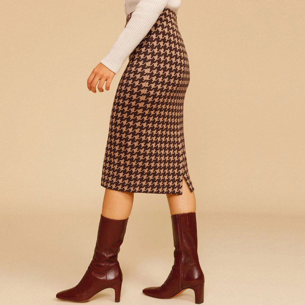 Vintage High Waist Bodycon Houndstooth Knit Midi Skirt - Coffee - Image 2