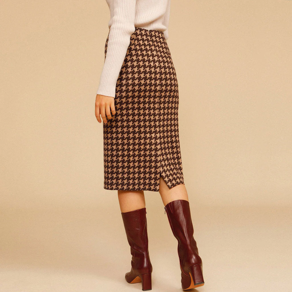 Vintage High Waist Bodycon Houndstooth Knit Midi Skirt - Coffee - Image 3