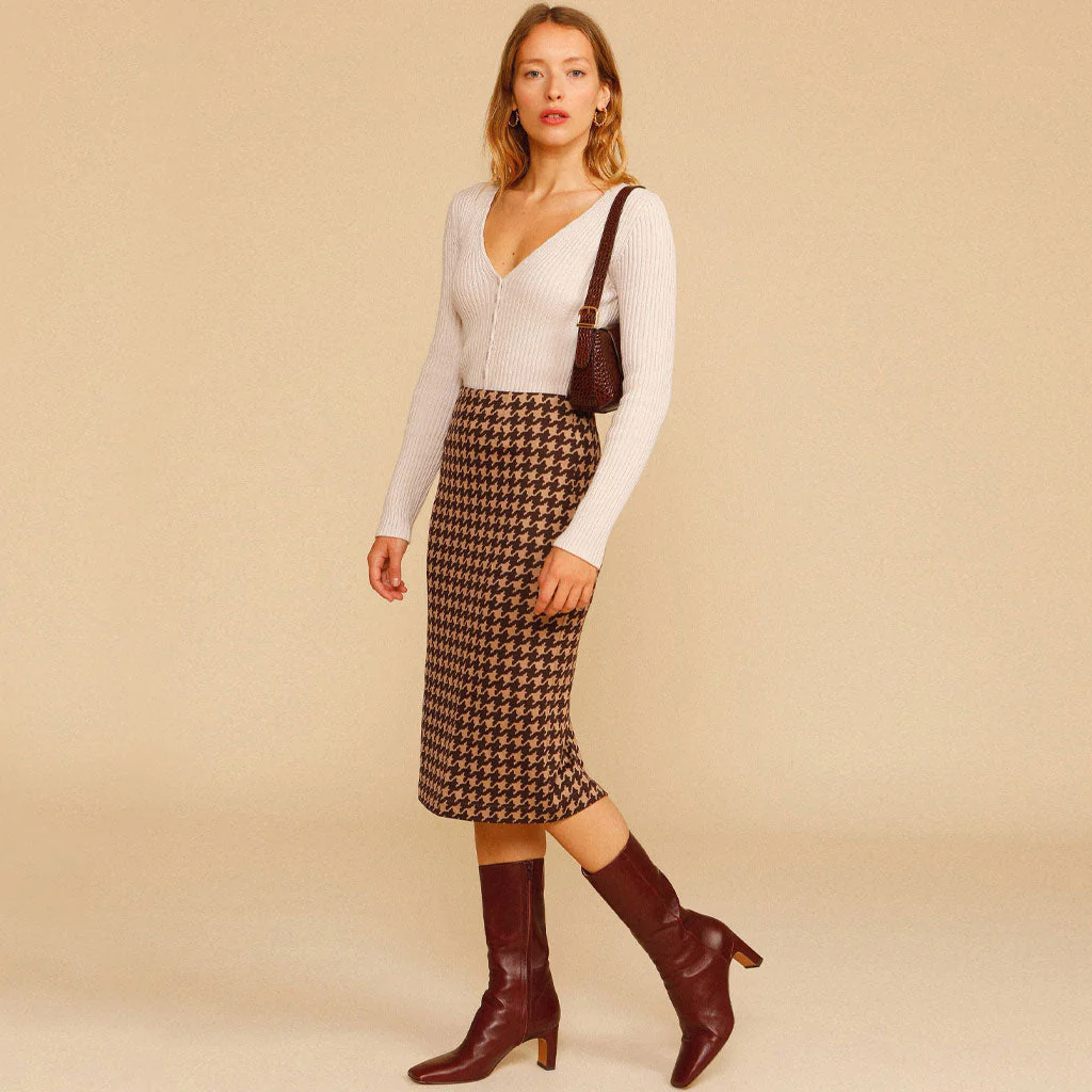 Vintage High Waist Bodycon Houndstooth Knit Midi Skirt - Coffee - Image 4