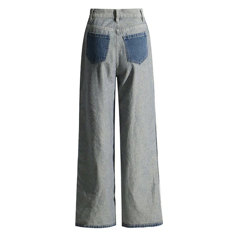 Vintage High Waist Cargo Pocket Wide Leg Contrast Panel Denim Jeans - Image 3