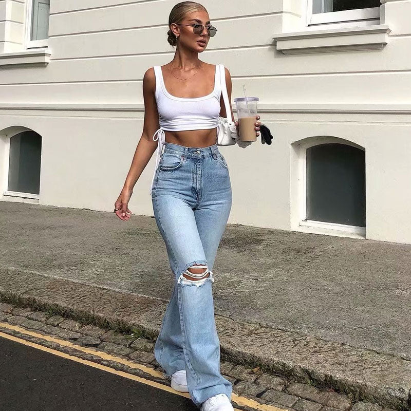 Vintage High Waist Cut Out Frayed Straight Leg Jeans - Light Blue - Image 2