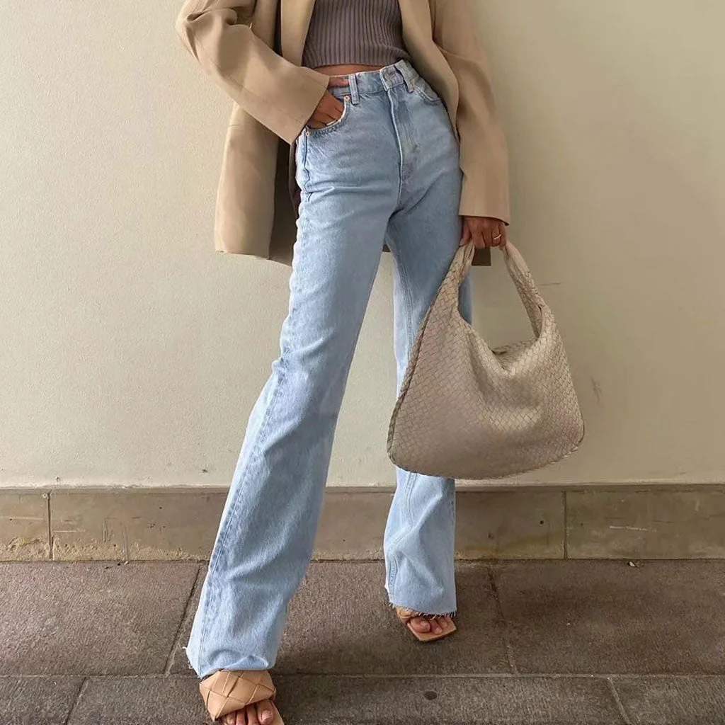 Vintage High Waist Frayed Trim Wide Leg Jeans - Light Blue - Image 2