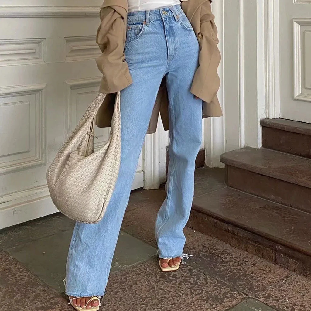 Vintage High Waist Frayed Trim Wide Leg Jeans - Light Blue - Image 3