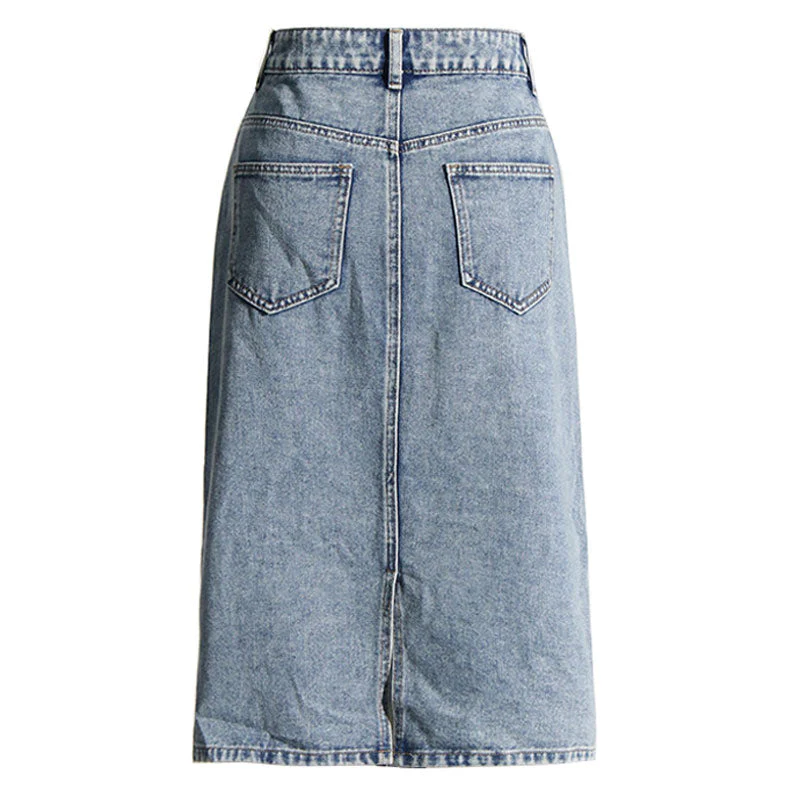 Vintage High Waist Two Tone Spiral CutOut Front Bodycon Midi Denim Skirt - Image 2