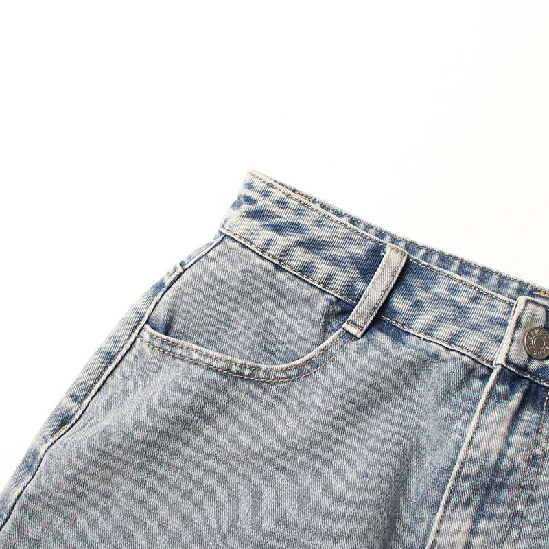 Vintage High Waist Two Tone Spiral CutOut Front Bodycon Midi Denim Skirt - Image 3