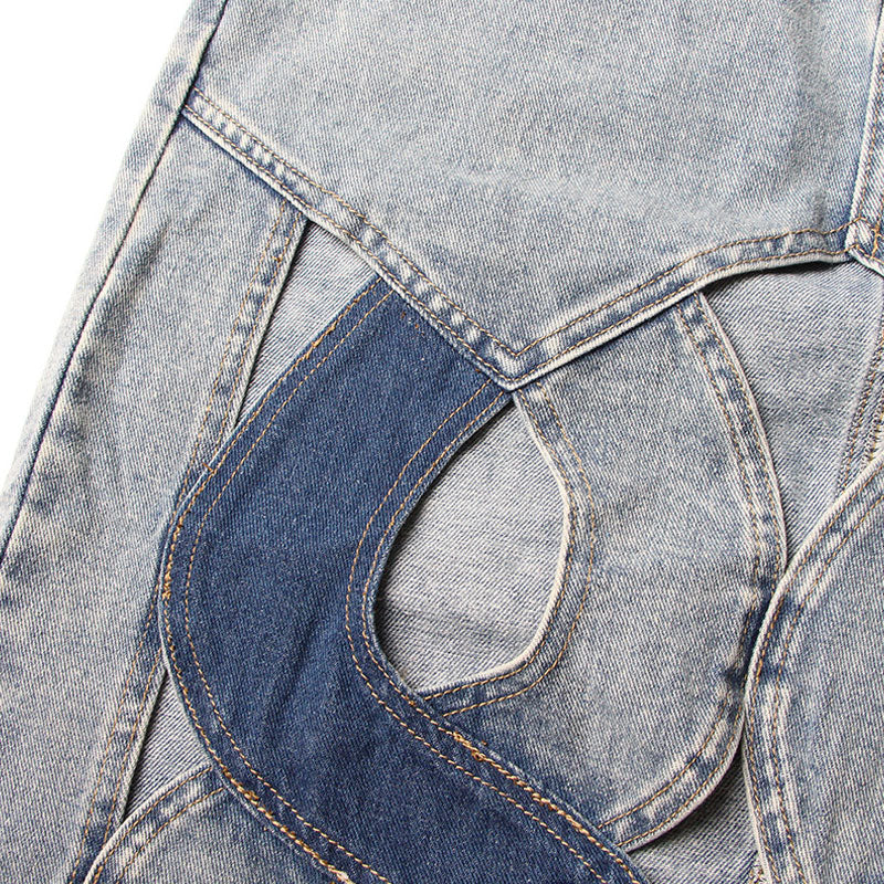 Vintage High Waist Two Tone Spiral CutOut Front Bodycon Midi Denim Skirt - Image 4