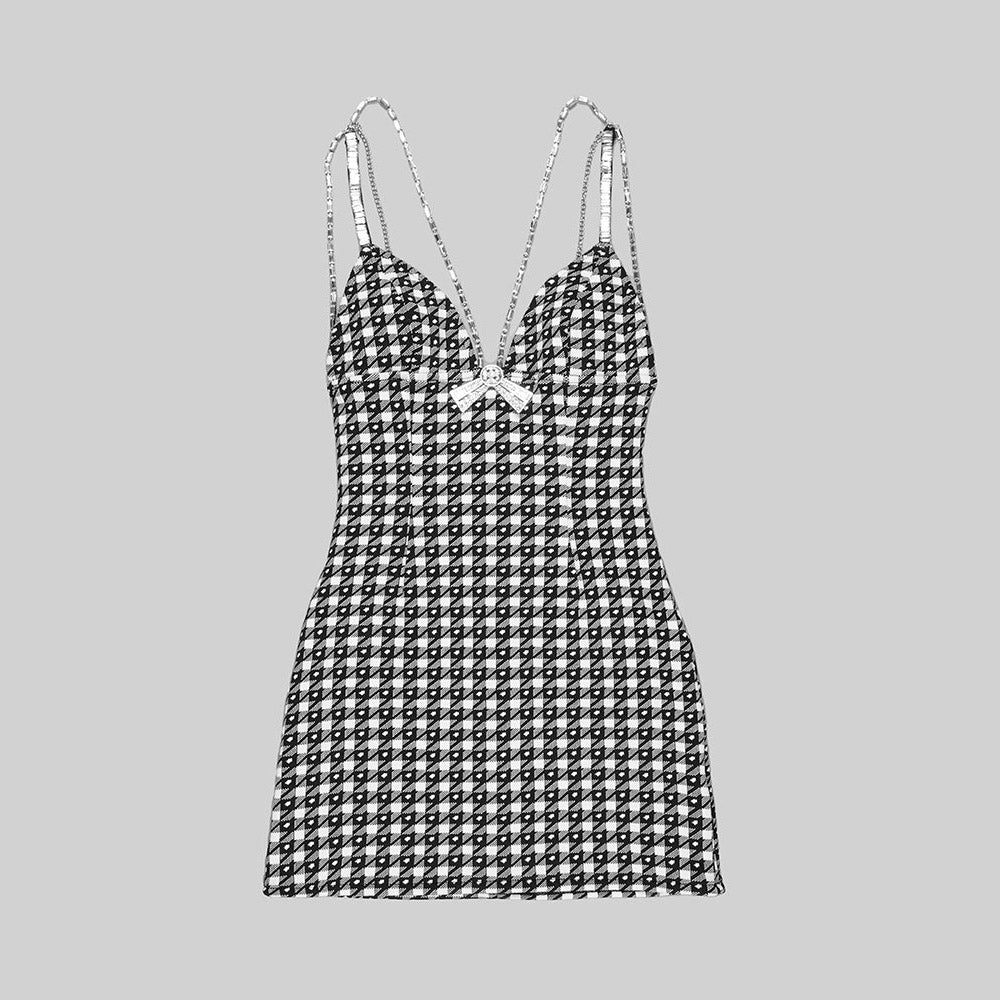 ESTEMA HOUNDSTOOTH V NECK Crystal BOW TIE Mini Dress - Image 12