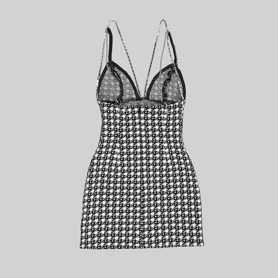 ESTEMA HOUNDSTOOTH V NECK Crystal BOW TIE Mini Dress - Image 13