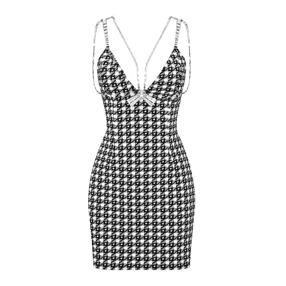 ESTEMA HOUNDSTOOTH V NECK Crystal BOW TIE Mini Dress - Image 2