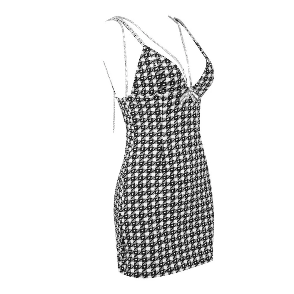 ESTEMA HOUNDSTOOTH V NECK Crystal BOW TIE Mini Dress - Image 3