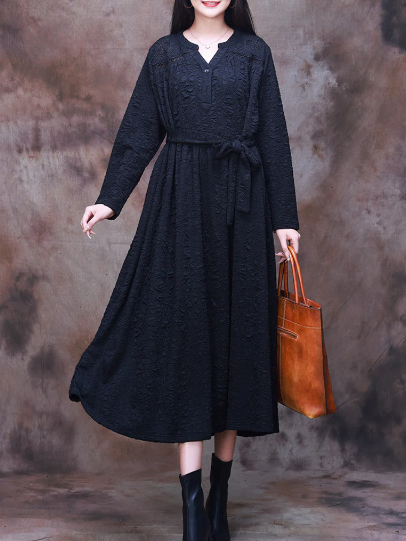 Vintage-Inspired Classic Belt Side Pockets A-Line Dress - Image 2